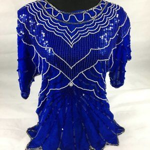 h- VINTAGE SARAFINO BLUE BEADED blouse 100% silk
